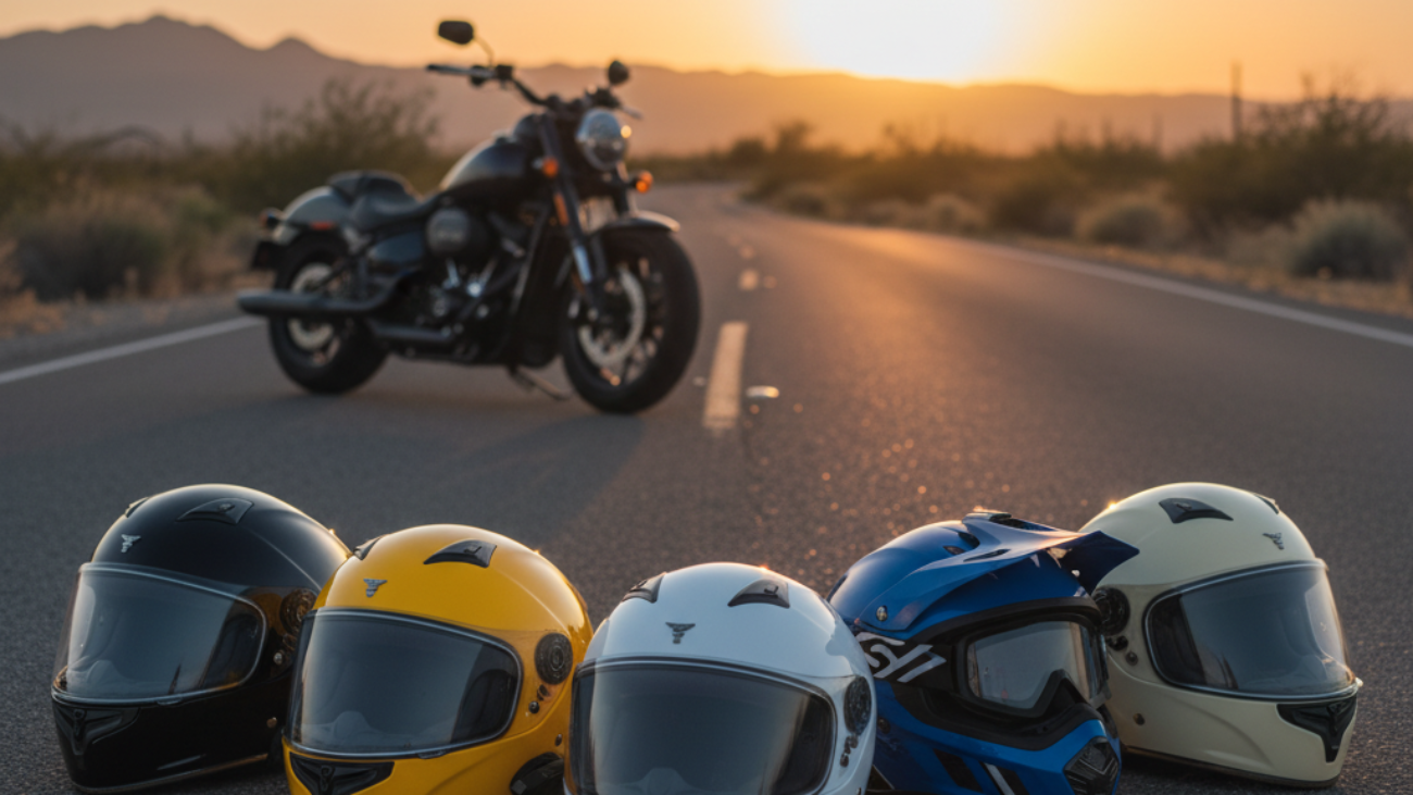 Best Biker Helmets: Five vibrant, cutting-edge helmets showcased on a sunset road, safety in style.