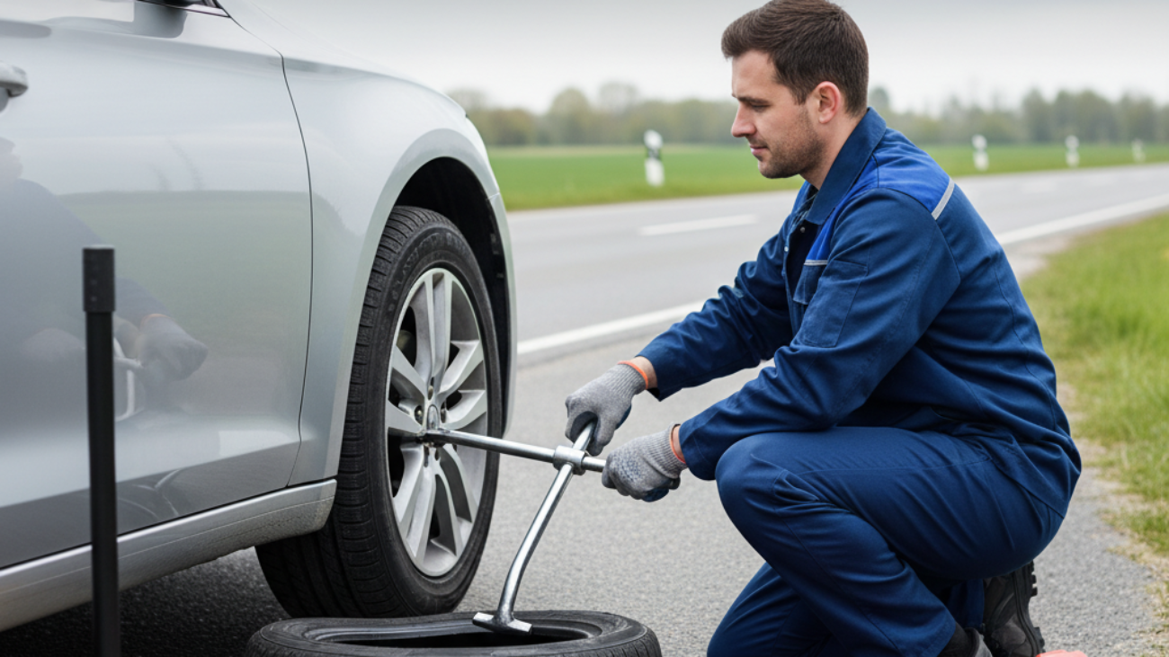 alt_text A person changes a car tyre with tools and gloves, showing practical steps for fixing a flat roadside.