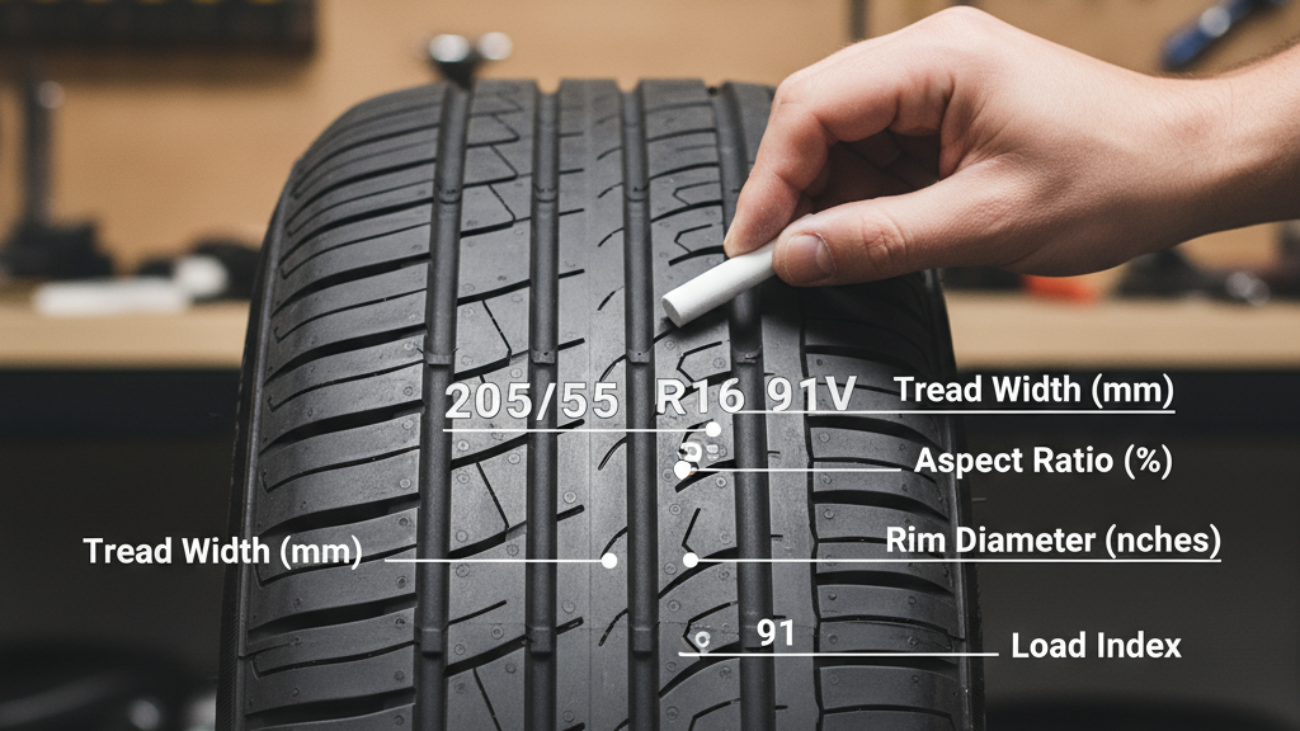 Close-up of a car tire showing size numbers, highlighted and labeled, with a hand pointing for instruction.