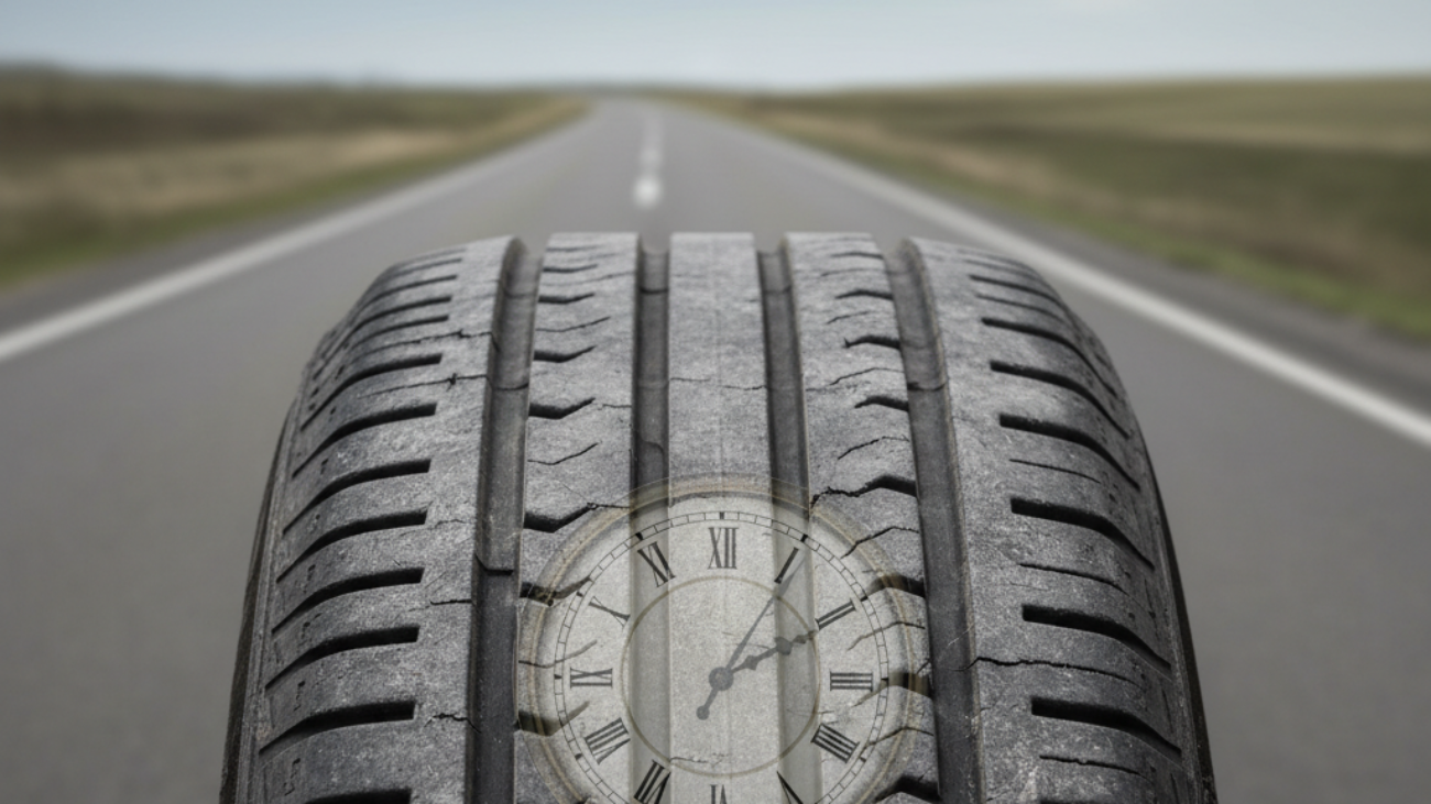 How Long Do Tyres Last? Close-up of worn tyre with clock overlay, road in background, safety tips.
