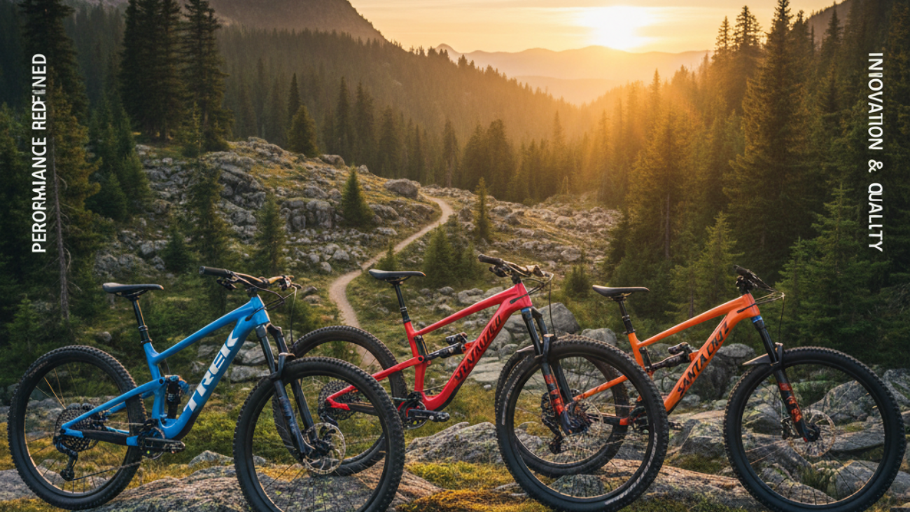 Top MTB Brands 2024: Trek, Specialized, Santa Cruz bikes set against a sunrise mountain adventure scene.